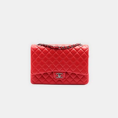 CHANEL Deca Matelasse Lambskin Double Flap Double Chain Bag, Red with Silver Fittings, Series 19